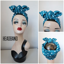 Load image into Gallery viewer, Blue polka dot 1940s pre-tied headscarf headband 