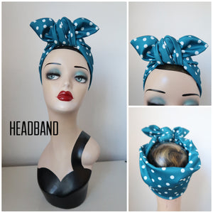 Blue polka dot 1940s pre-tied headscarf headband 