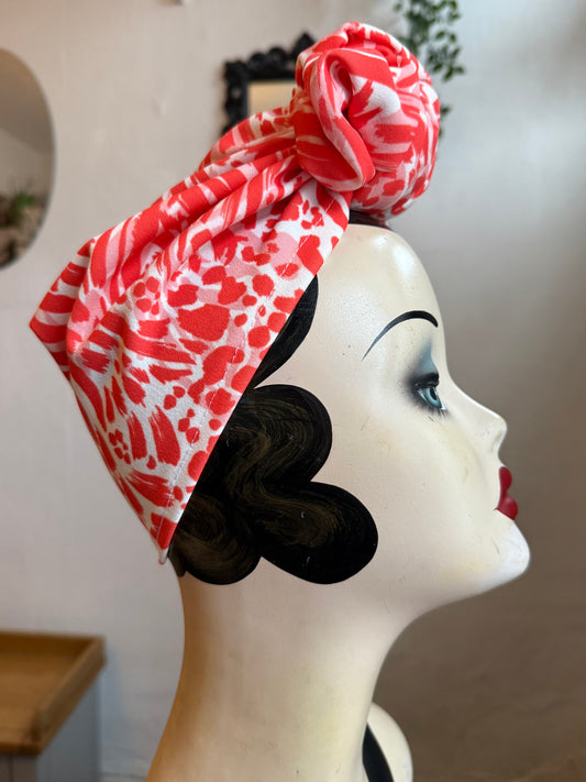 50% OFF SALE ITEM: Vintage Style Turban in Red/Coral Animal Print with Small Knot