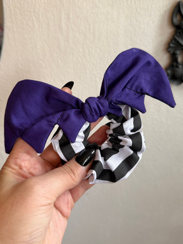 Bat Hair Scrunchie - Black/White Stripes & Purple
