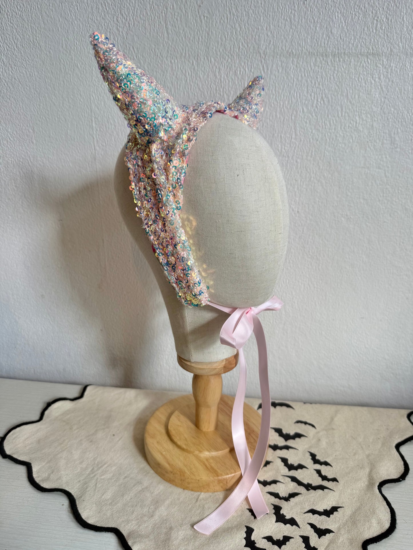 Iridescent Sparkly Devil Headpiece (pink/orange)