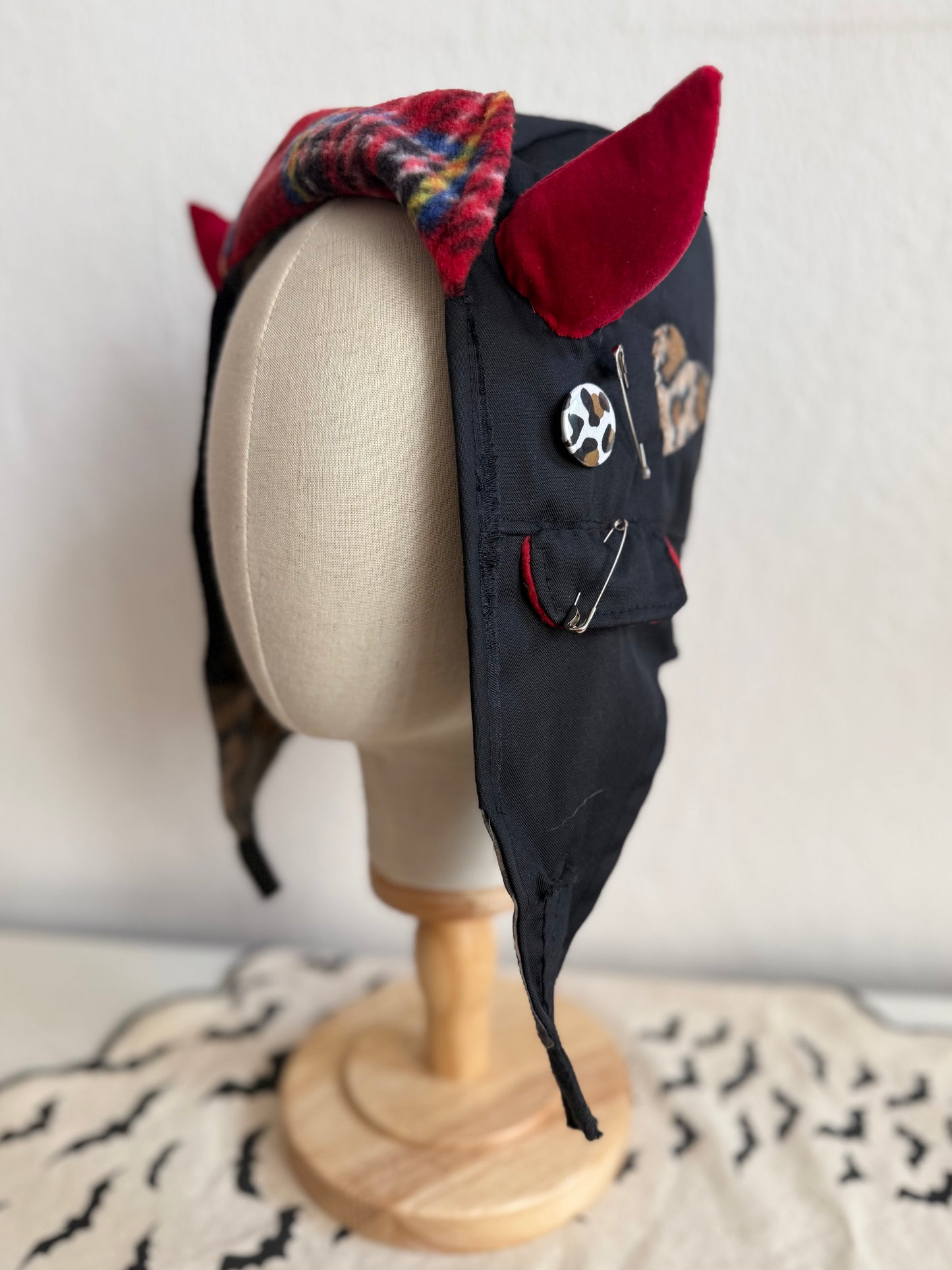 Black/Red - Horned Aviator Cap