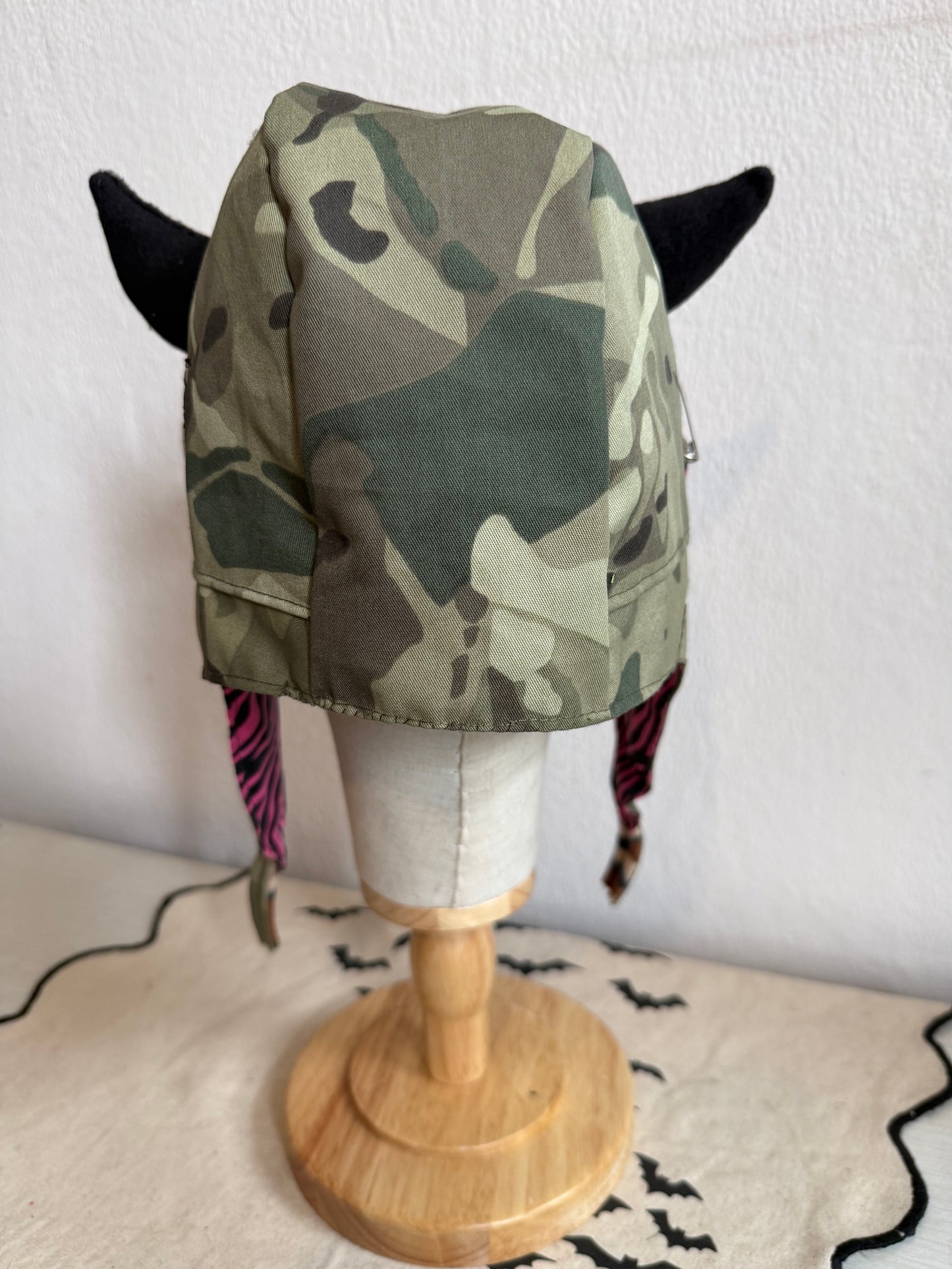 Green Camo/Pink Zebra - Horned Aviator Cap