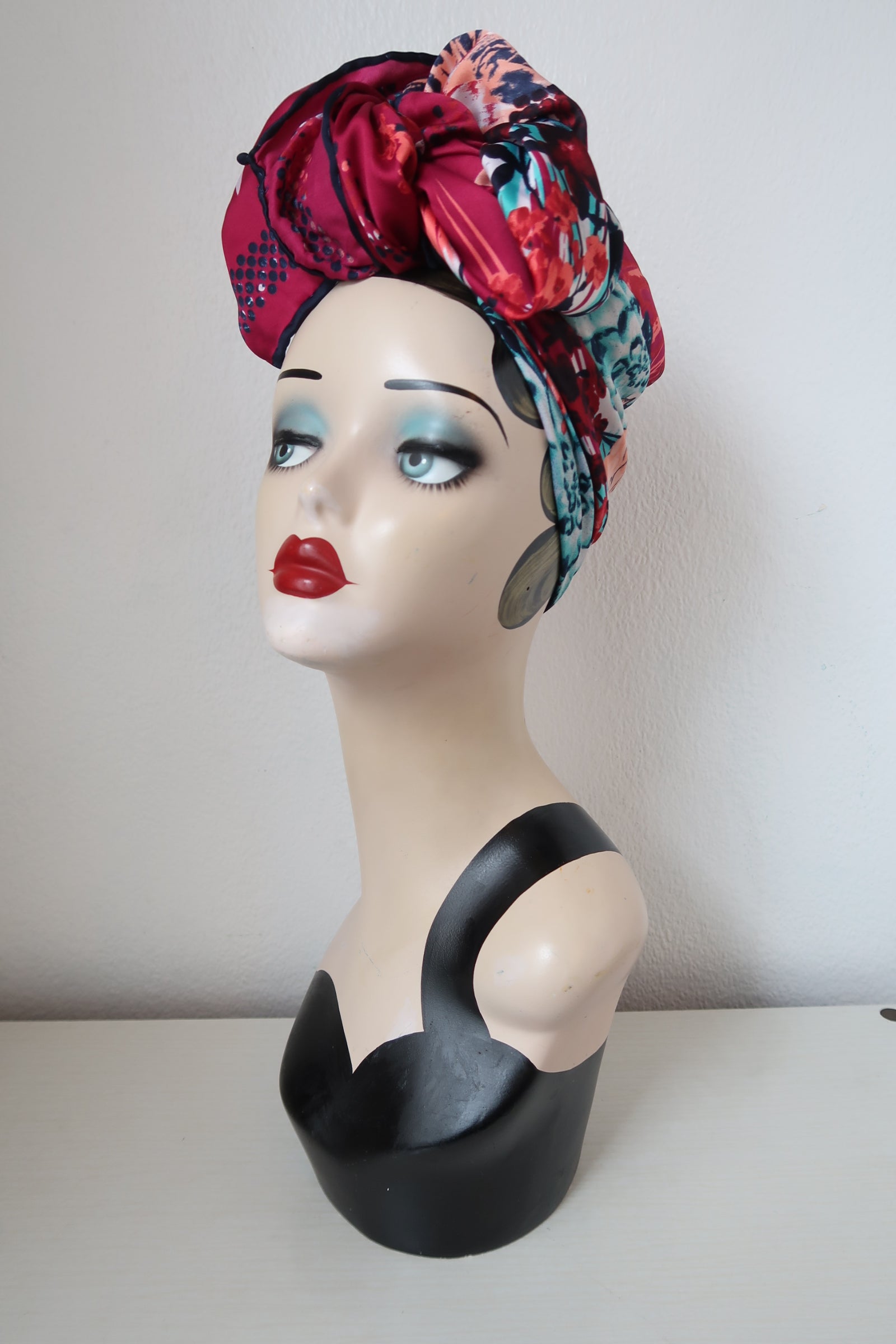 Magenta vintage scarf for 1940s turban tying  