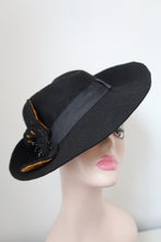 Load image into Gallery viewer, Refashioned Black 1940s Style Felt Tilt Hat with Black &amp; Mustard True Vintage Trim