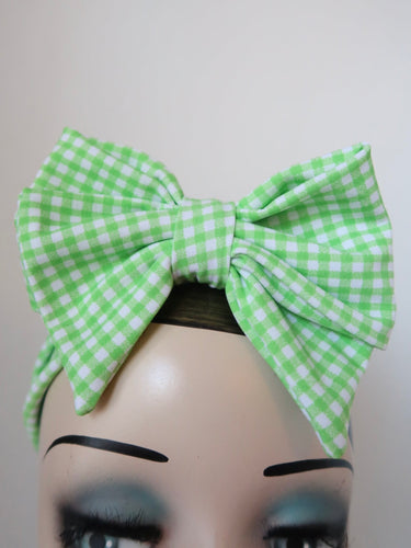 BOW KNOT Vintage Style Pre-tied Headband in Green Gingham