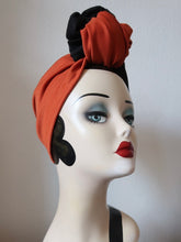 Load image into Gallery viewer, DUO DESIGN (Full Coverage) 1940s Style Pre-Tied Turban in Orange &amp; Black