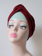 Load image into Gallery viewer, Made To Order: CLASSIC KNOT 1920s Pre-tied Stretchy Turban in 9 Colours: red, black, white, leopard, olive green, emerald green, mustard, light pink, hot pink