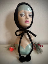 Load image into Gallery viewer, 1950s black fleece vintage style headband for winter on a blue head display model head