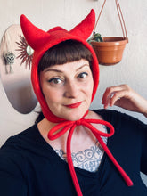 Load image into Gallery viewer, Handmade unisex devil horn fleece bonnet winter cosy alternative 