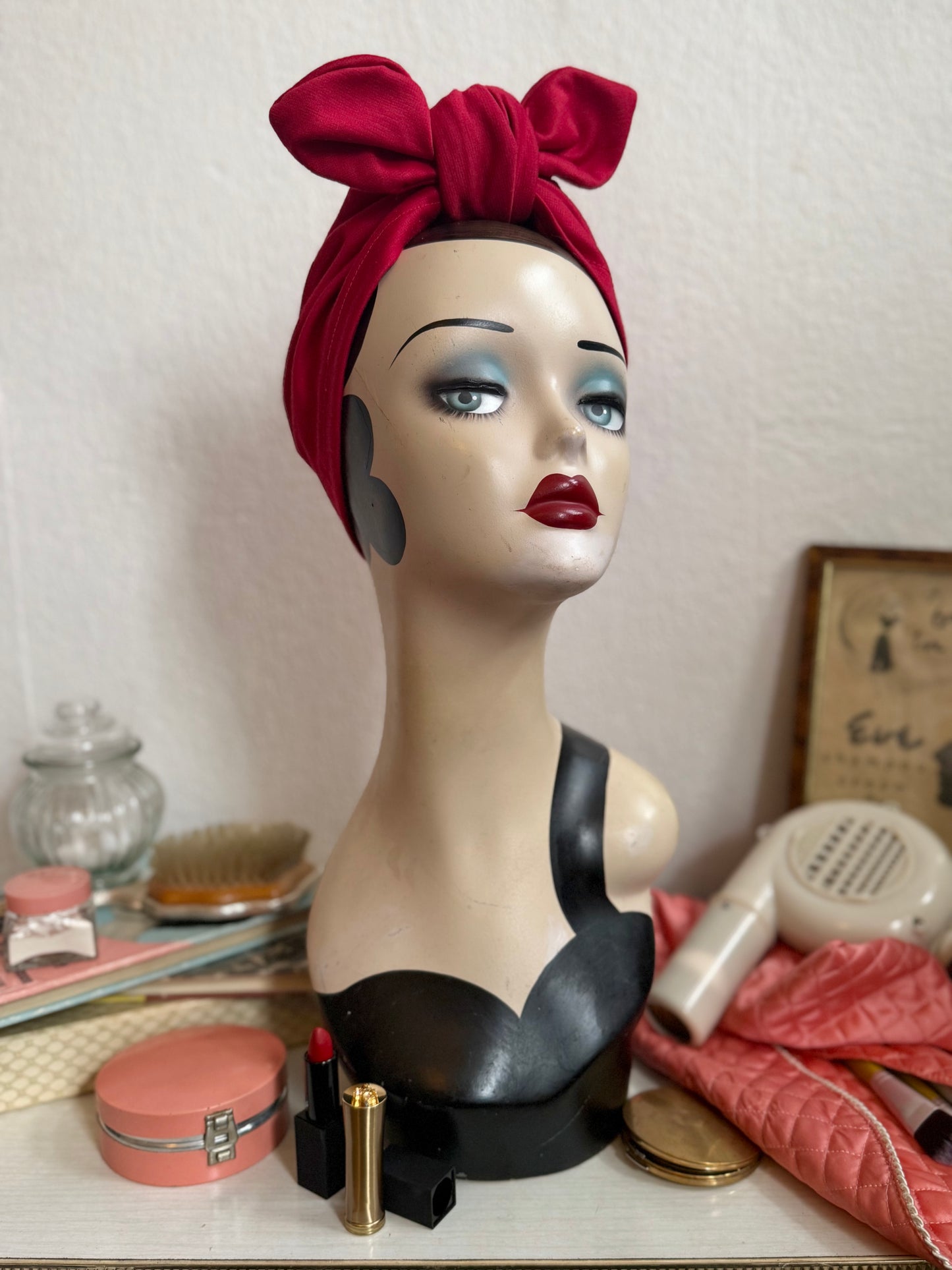 Red Turban 1940s Pre-tied Stretchy Turban (full coverage) with Knot Choice