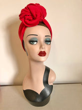 Load image into Gallery viewer, ROSE KNOT Vintage Style Pre-tied Headband OR Turban in Red (made to order)
