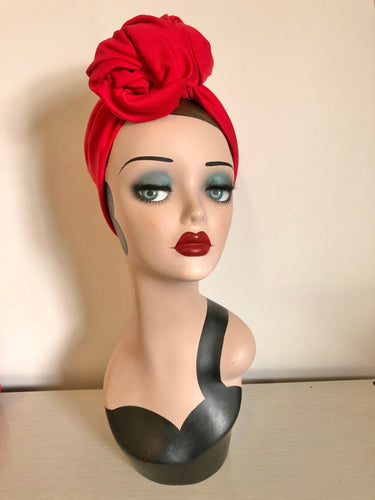 ROSE KNOT Vintage Style Pre-tied Headband OR Turban in Red (made to order)