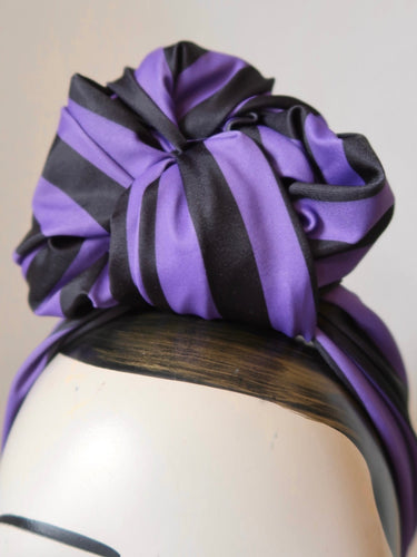 SALE ITEM 50% OFF: SLOUCHY KNOT Vintage Style Pre-tied Headband in Purple & Black Stripes