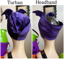 Load image into Gallery viewer, Purple turban and headband displayed on mannequin heads with Halloween-themed buckets in the background.