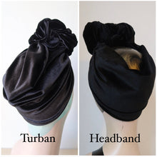 Load image into Gallery viewer, MADE TO ORDER: Black Smooth Velvet (Full Coverage) Pre-tied 1940s Turban OR Headband with Knot Choice