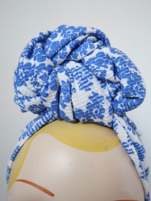 SALE ITEM: SLOUCHY KNOT Vintage Style Pre-tied Headband in Blue & White Floral