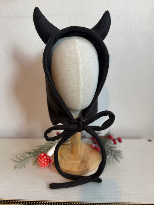 Black devil horned fleece hood 