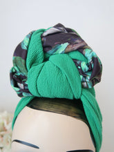 Load image into Gallery viewer, SALE ITEM: BIG SLOUCHY KNOT Green &amp; Tropical Jersey (Full Coverage) 1940s Style Pre-tied Turban