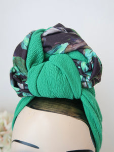 SALE ITEM: BIG SLOUCHY KNOT Green & Tropical Jersey (Full Coverage) 1940s Style Pre-tied Turban