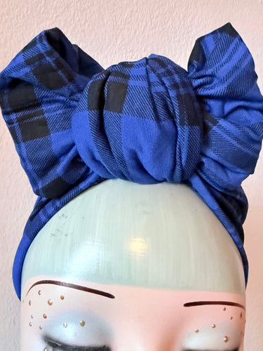 SALE ITEM: WORKWEAR KNOT Blue Plaid Vintage Style Turban (Full Coverage)