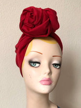 Load image into Gallery viewer, Made To Order: ROSE KNOT 1940s Pre-tied Stretchy Turban in 9 Colours: red, black, white, leopard, olive green, emerald green, mustard, light pink, hot pink