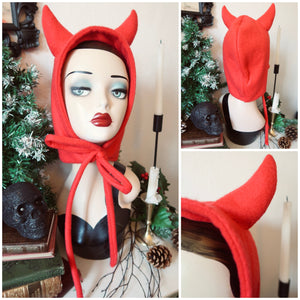 Handmade unisex devil horn fleece bonnet winter cosy alternative 