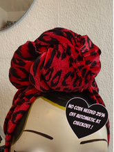 Load image into Gallery viewer, Red Leopard Print (Full Coverage) 1940s Style Pre-tied Turban with Small Knot