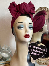 Load image into Gallery viewer, Wine Red Turban 1940s Pre-tied Stretchy Turban (full coverage) with Workwear Knot