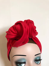 Load image into Gallery viewer, ROSE KNOT Vintage Style Pre-tied Headband OR Turban in Red (made to order)