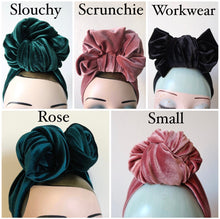 Load image into Gallery viewer, MADE TO ORDER: Black Smooth Velvet (Full Coverage) Pre-tied 1940s Turban OR Headband with Knot Choice