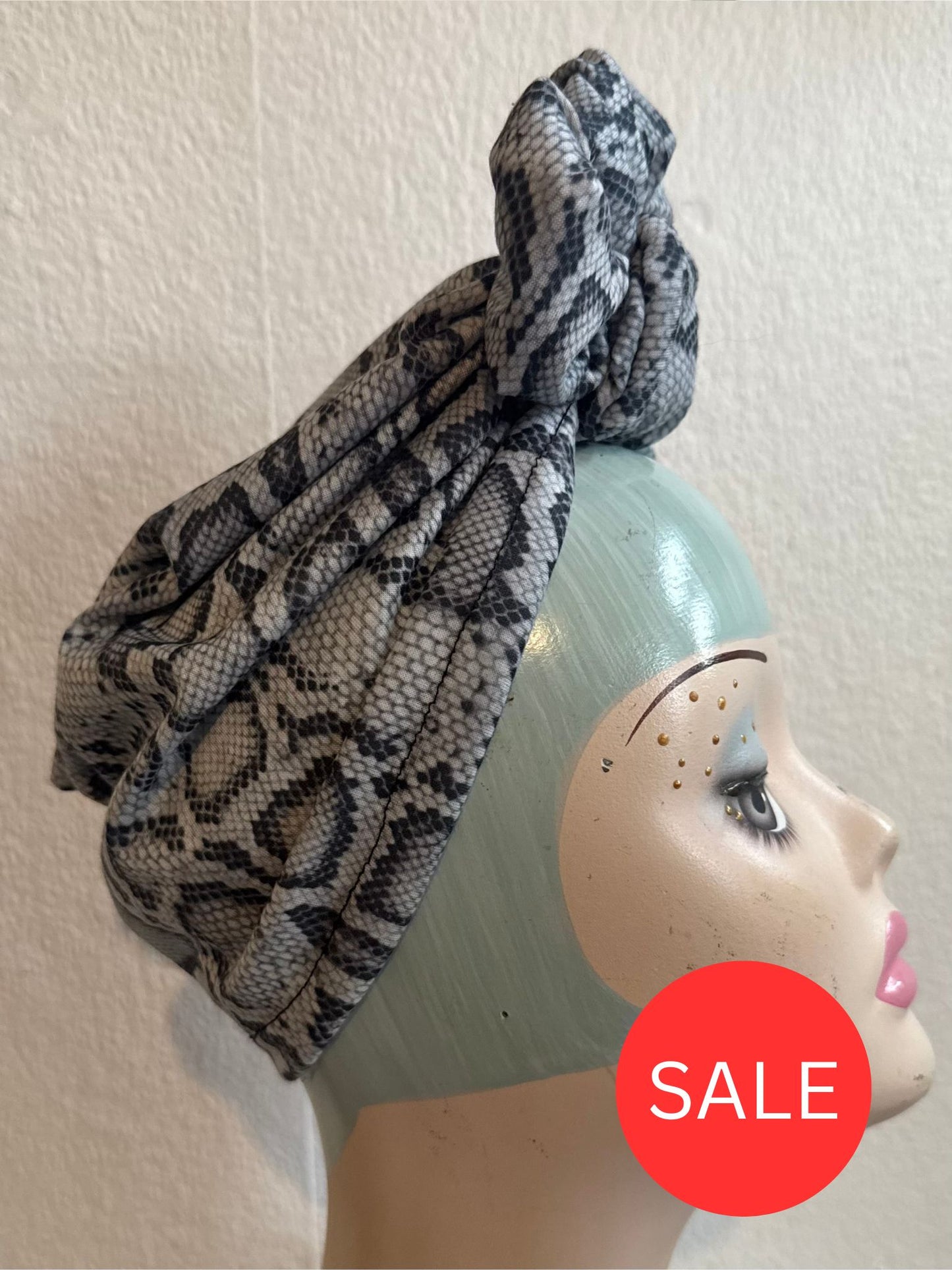50% OFF SALE ITEM: Grey Snake Print(Full Coverage) 1940s Style Pre-tied Turban with Small Knot