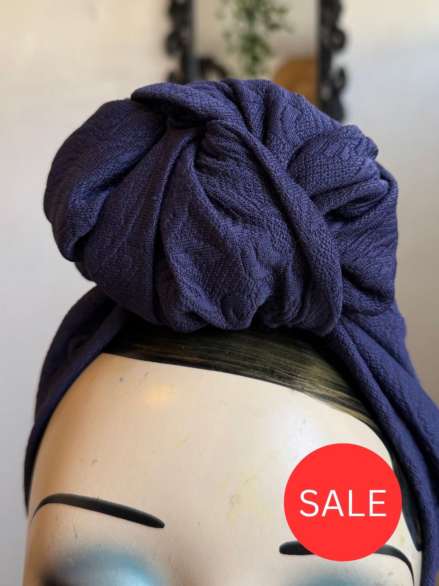 50% OFF SALE ITEM: SMALL KNOT Textured Navy(Full Coverage) 1940s Style Pre-tied Turban