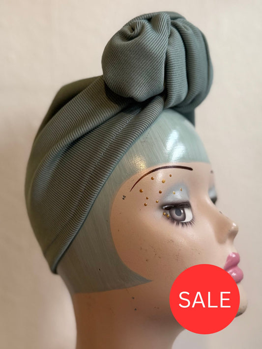 50% OFF SALE ITEM: SMALL KNOT Ribbed Pale Aqua (Full Coverage) 1940s Style Pre-tied Turban