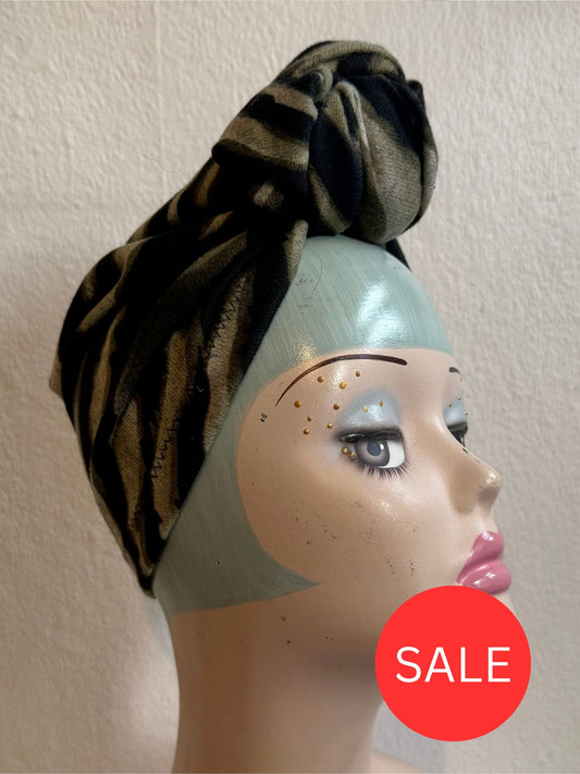 50% OFF SALE ITEM: Black/Green/Grey Stripe (Full Coverage) 1940s Style Pre-tied Turban with Small Knot