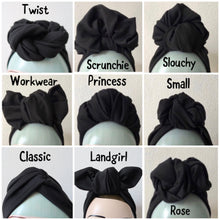 Load image into Gallery viewer, Authentic 1940s Handmade Pre-knotted Stretchy Plain Black Turban