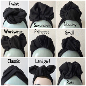 Authentic 1940s Handmade Pre-knotted Stretchy Plain Black Turban